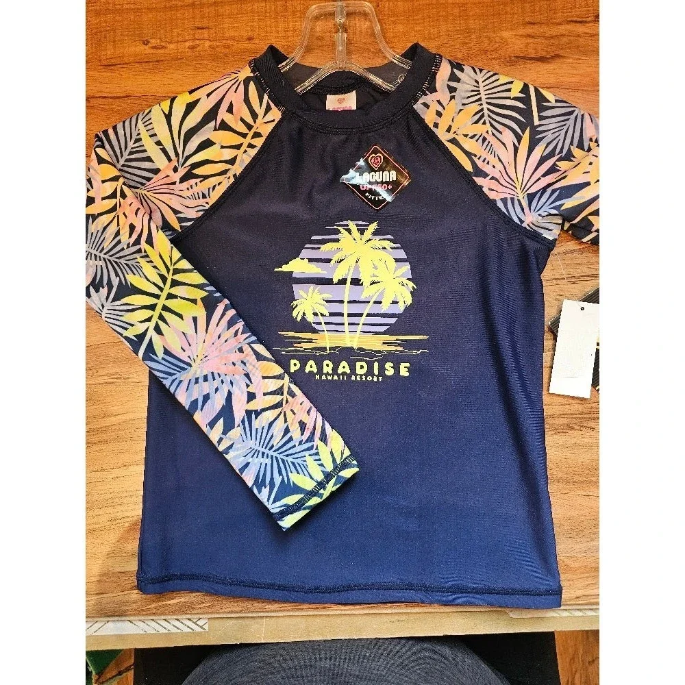 Laguna Girls' Palm Leaves Long-Sleeve Swim Tee - Navy Combo, S (7/8)